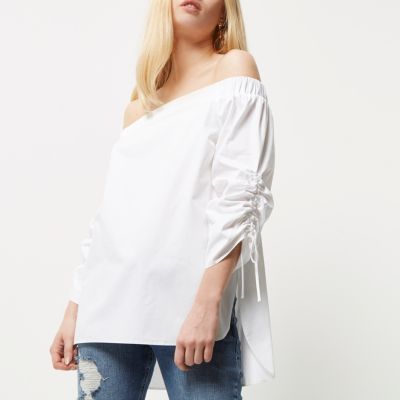 White ruched sleeve bardot top
